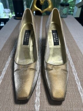 Vintage Stuart Weitzman Gold Satin Square-Toe Pumps
